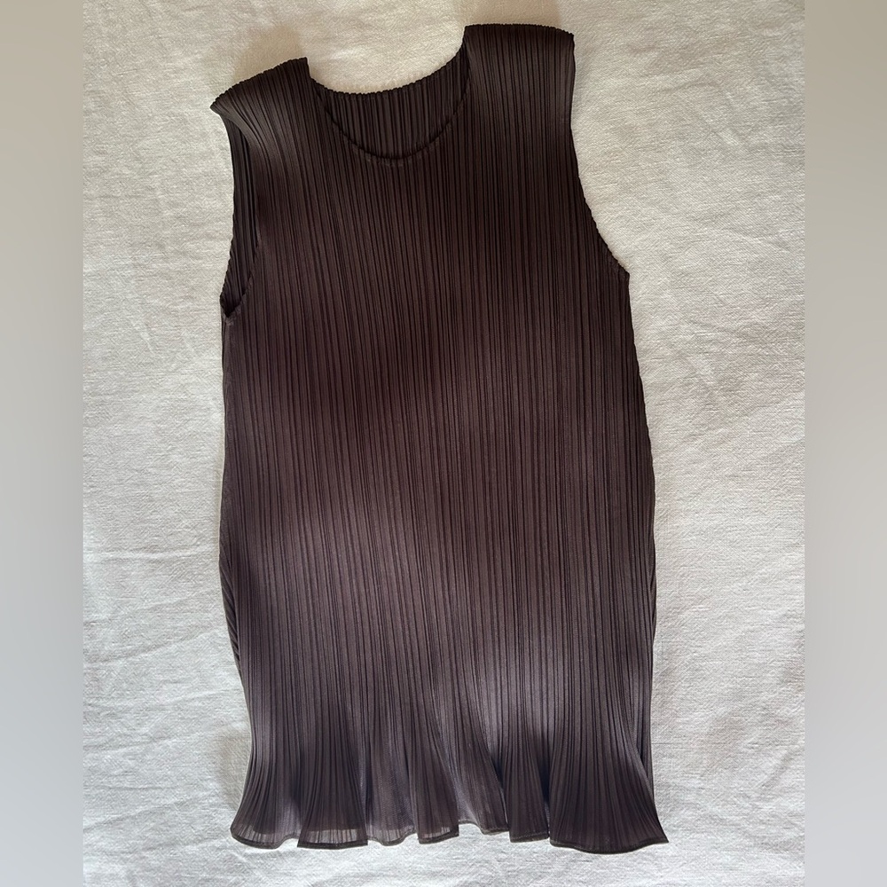 Pleats Please Issey Miyake Sleeveless Brown Pleated Tunic Top